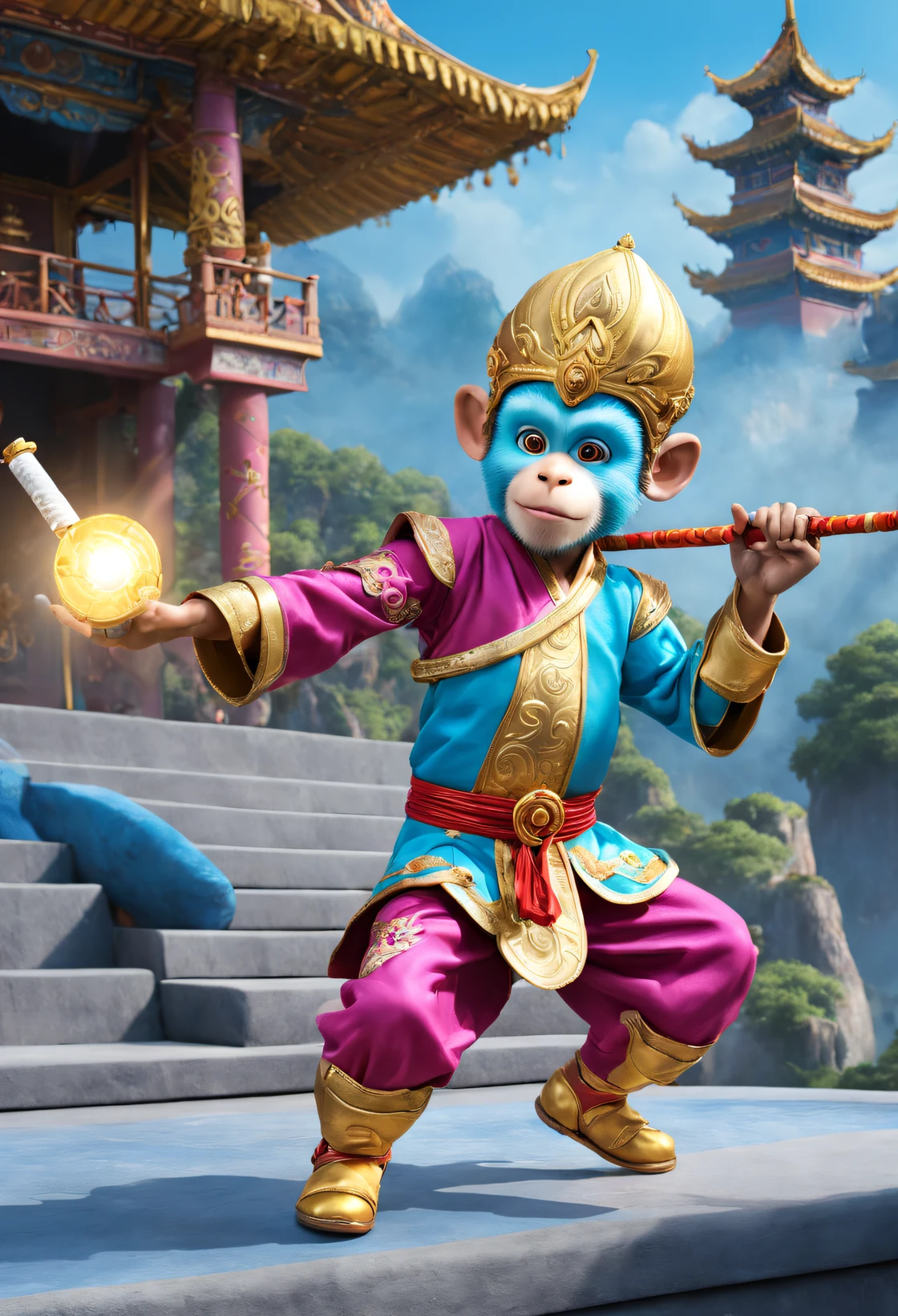 (Sun Wukong performs for children on stage at Cloisonné Theme Park），fiction《Trip》Monkey king，dreamland dreamland，ultra-realistic realism，Asymmetrical balance ，( magenta ）Carmine＋( blue white colors ）Blue-cyan＋( tin foil gold ）golden colored，pixar character