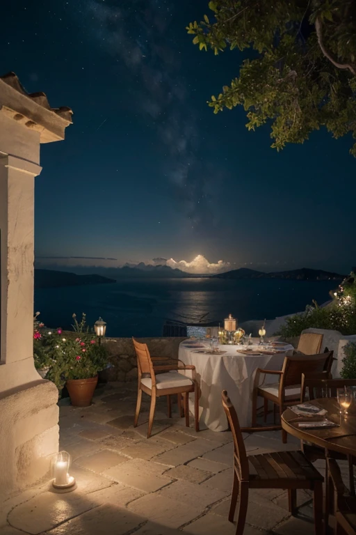 (best quality,4k,8k,highres,masterpiece:1.2),ultra-detailed,(realistic,photorealistic,photo-realistic:1.37),Greece,Santorini,white and blue buildings,red roses,deep blue sea,starry sky,candle lights,incandescent,cozy,romantic,portraits,landscape,vibrant colors,HDR,UHD,studio lighting,sharp focus,unsigned,long-exposure photos,ethereal tones,luxurious vibes,enchanted atmosphere