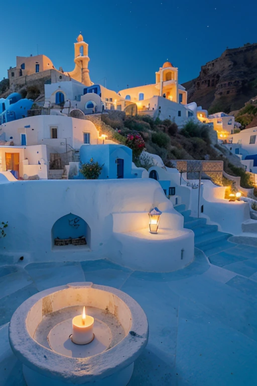 Greece , Santorini, white and blue buildings , red roses , deep blue sea , starry sky , candle lights , incandescent