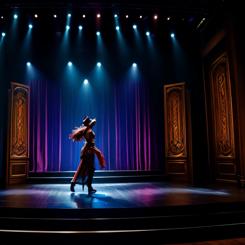 A modern stage performance with actors, vibrant costumes, dynamic movements, detailed facial expressions, dramatic lighting, artistic set design, and energetic music. The actors should have expressive eyes, expressive lips, and skilled body language. The stage should be decorated with elaborate props and background elements that enhance the theatrical atmosphere. The overall image quality should be of the best quality, with ultra-detailed visuals and sharp focus. The colors should be vivid and the lighting should create a dramatic and captivating ambiance. The art style should be a combination of realistic and concept art, creating a visually stunning and immersive experience.