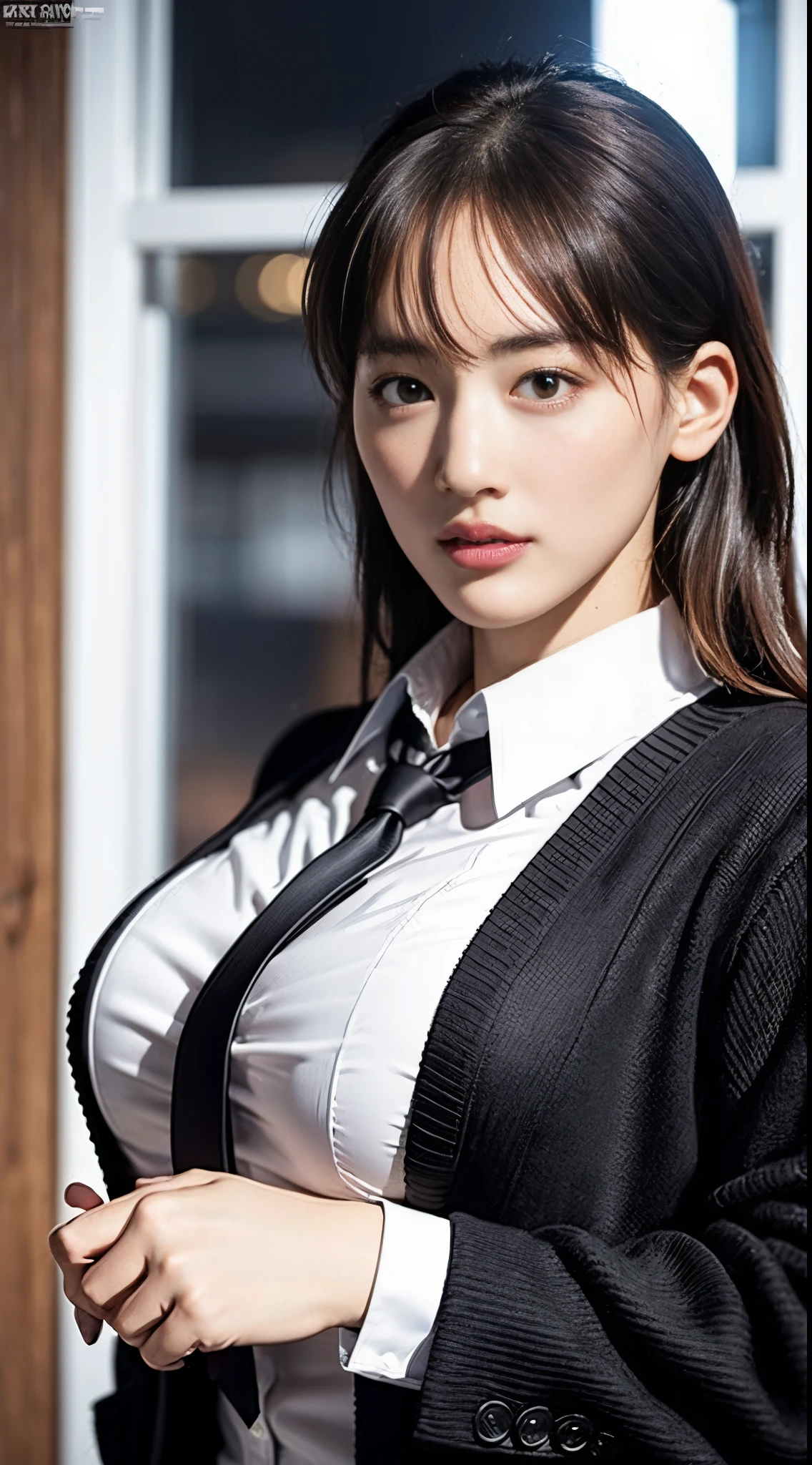 Highly detailed CG Unity 8k wallpaper, of the highest quality, super detailed, masutepiece, Realistic, photographrealistic, extremely detailed cute girl, 25 years old, ,, Upper body , ,Colossal tits,Black eyes,Suit jacket,YThe shirt