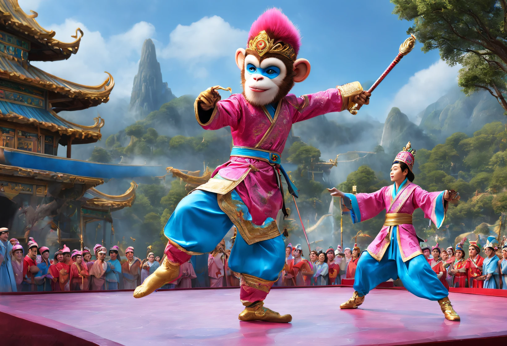 (Sun Wukong performs for children on stage at Cloisonné Theme Park),fiction《Trip》Monkey king,,dreamland dreamland,ultra-realistic realism,Asymmetrical balance ,( magenta )Carmine+( blue white colors )Blue-cyan+( tin foil gold )golden colored,pixar character
