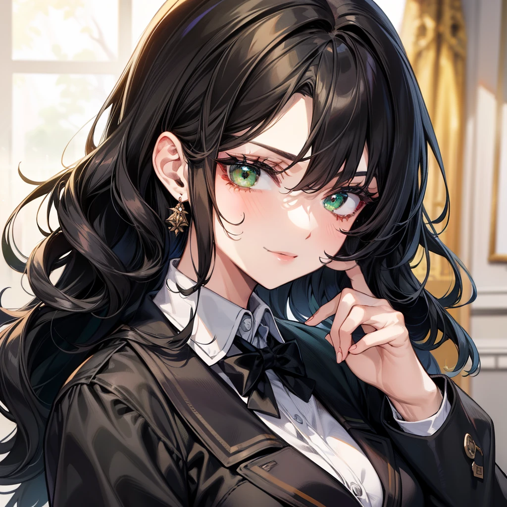 A pretty lady with hair wavy medium black hair and green eyes, giving a rich, toublemaker and bad girl vibe, looking at you with a smugly, school uniform, modern era, half body, .