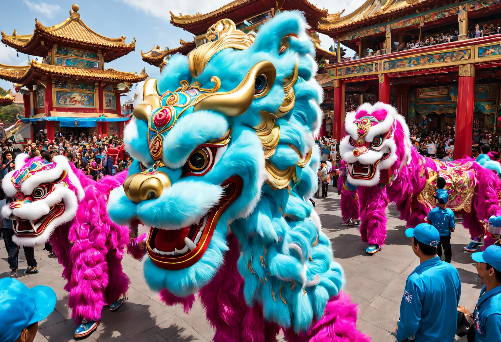 (Cloisonne Theme Park Lion Dance Performance Team），（Lots of spectators），dreamland dreamland，ultra-realistic realism，Asymmetrical balance ，( magenta ）Carmine＋( blue white colors ）Blue-cyan＋( tin foil gold ）golden colored，pixar character