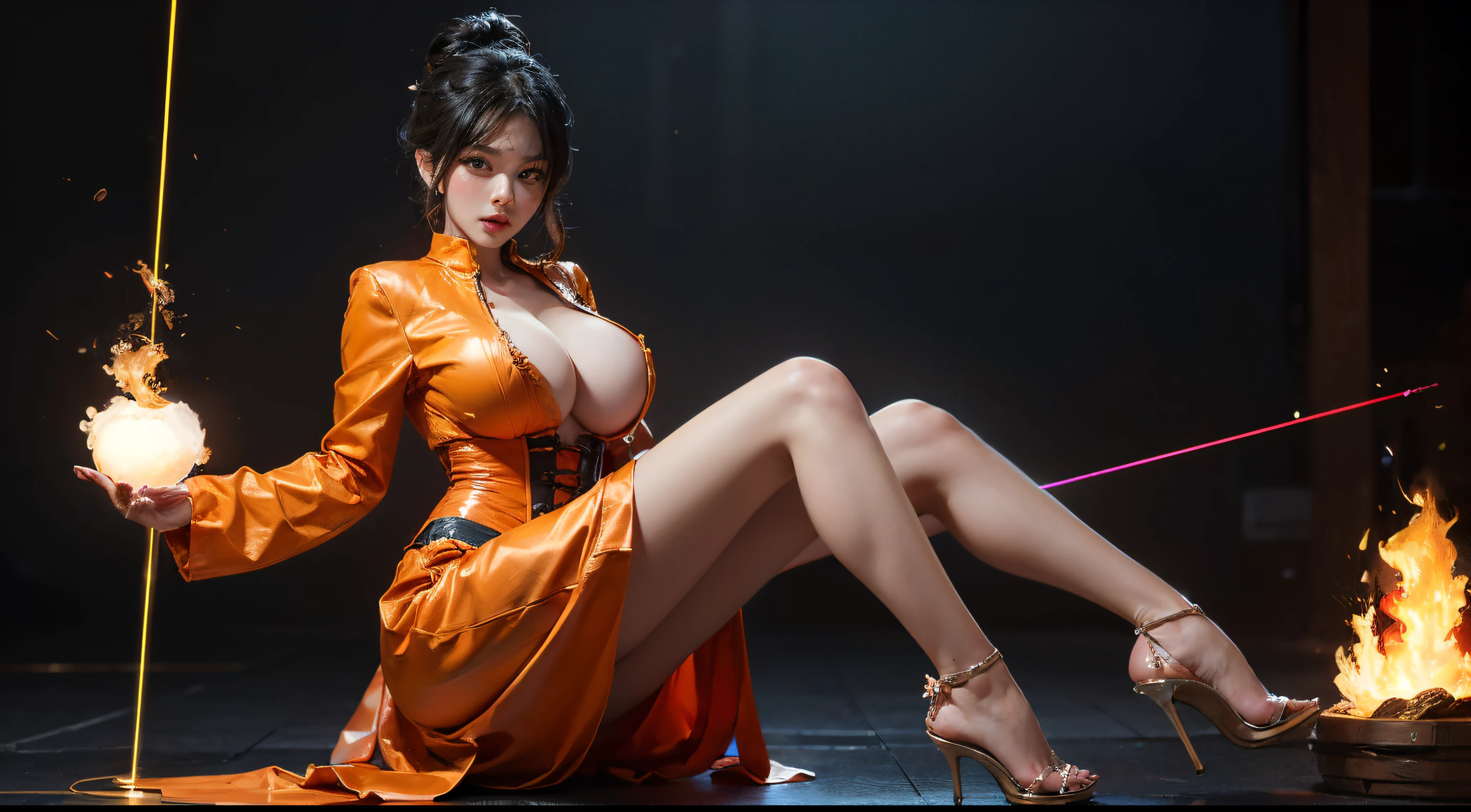 ((best quality)), ((masterpiece)), (detailed), perfect face, big tits, asian girl, draon ball outfit, orange outfit, son goku, corset, high heels, energie ball, fire, orange mask, more burning ball, big boobs, ((laser)), perfect face, perfect hands, perfect legs, most beautyful face