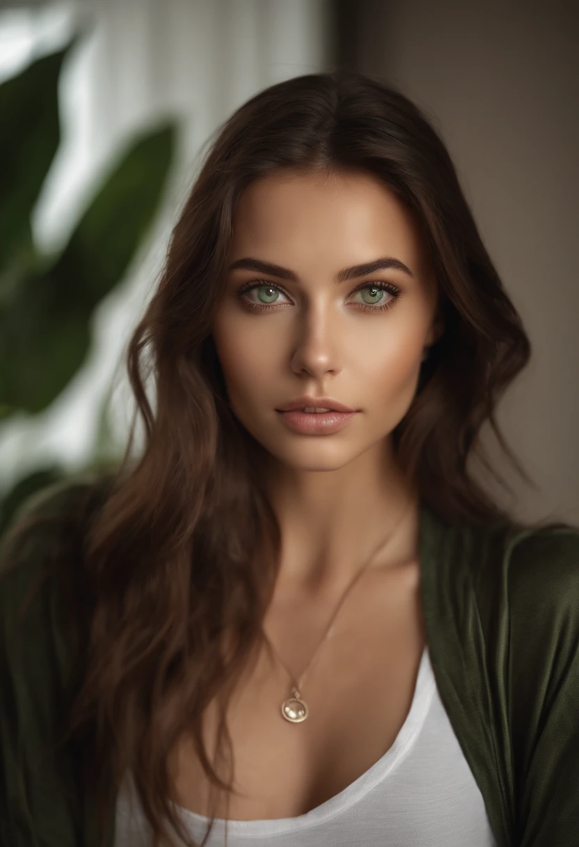 arafed woman with a white tank top and a necklace, sexy girl with green eyes, portrait sophie mudd, brown hair and large eyes, selfie of a young woman, bedroom eyes, violet myers, without makeup, natural makeup, looking directly at the camera, face with artgram, subtle makeup, stunning full body shot, piercing green eyes, beautiful angle, attractive pose, cute girl, sexy pose, full body picture, full body, full body shoot, brunette goddess, high detail, satisfied pose, leather pants