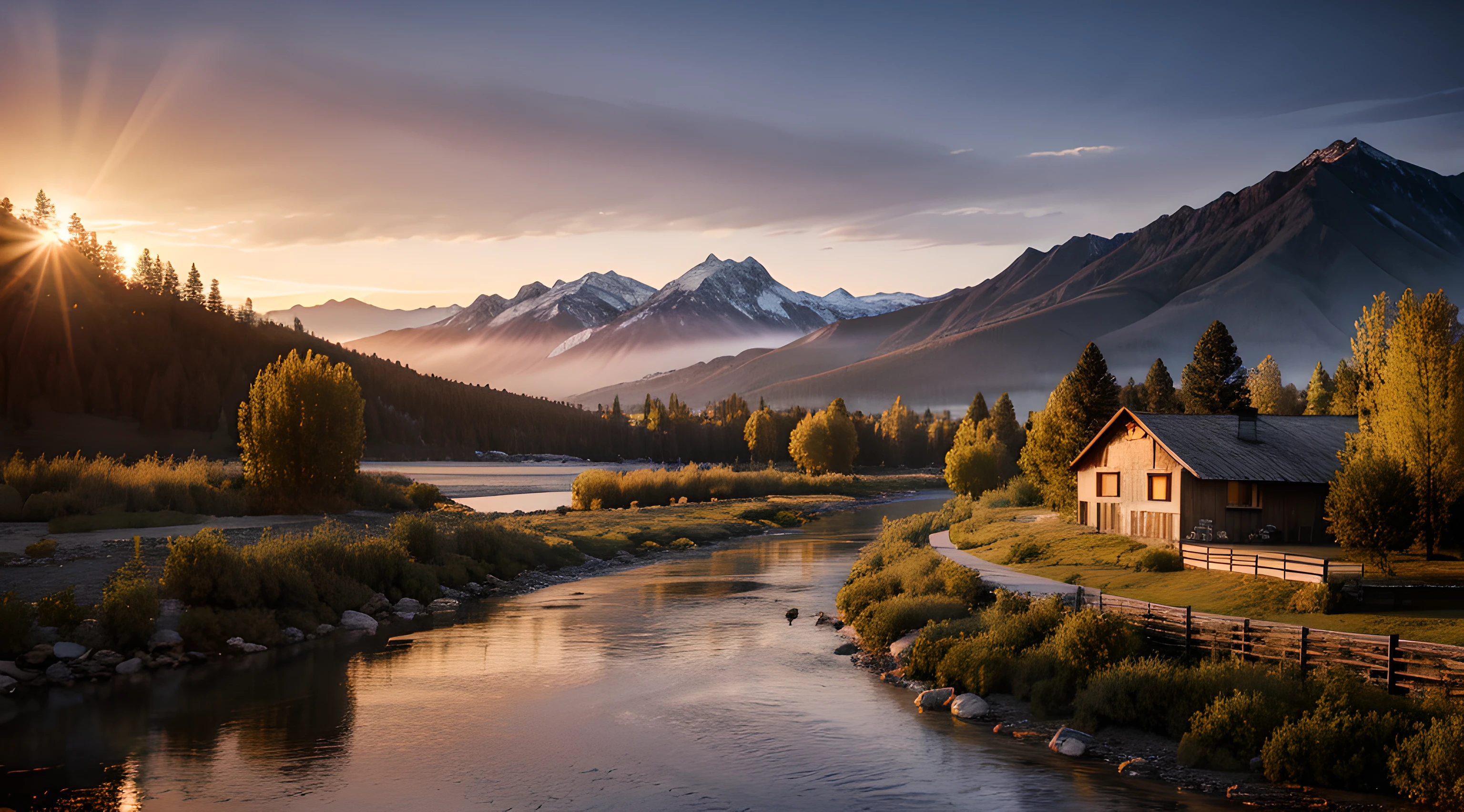 mountains in distance, trees, river, sunrise