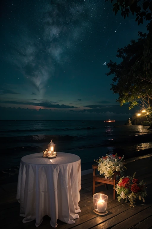 bail , Indonesia , evening , red roses , deep blue sea , starry sky , candle lights , incandescent