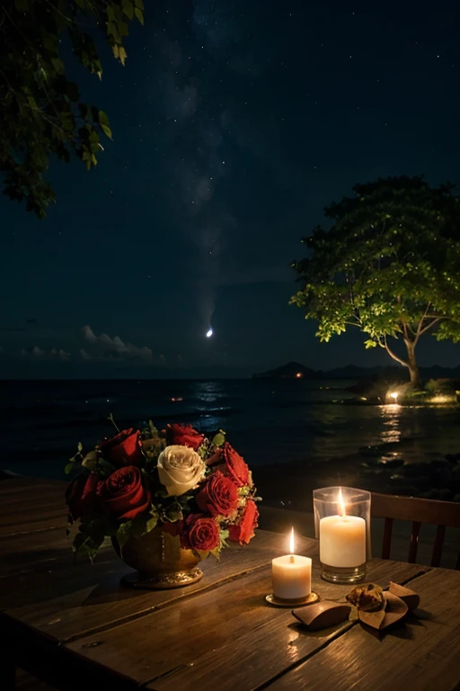bail , Indonesia , evening , red roses , deep blue sea , starry sky , candle lights , incandescent