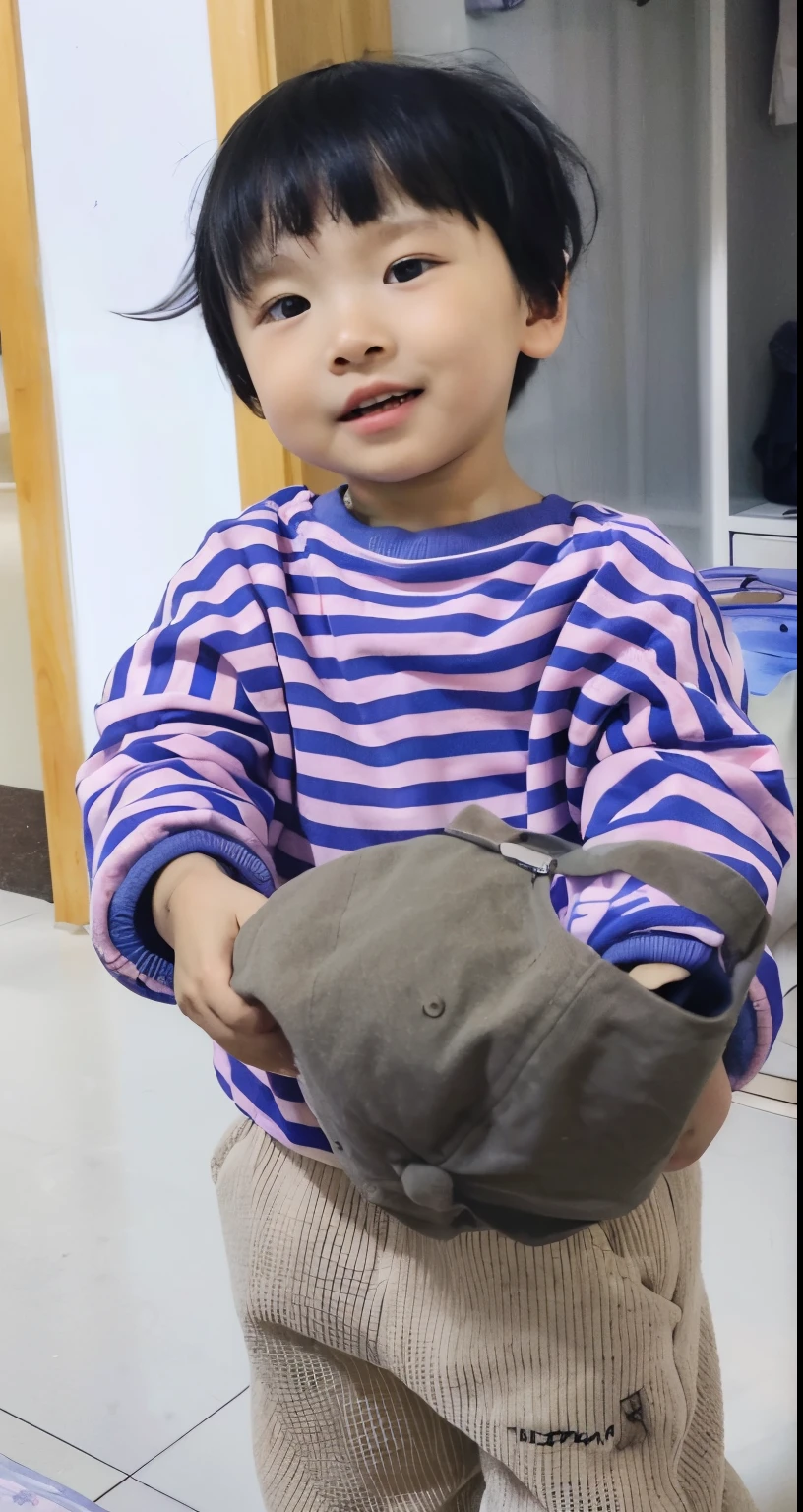 Alaphid Asian child holding stuffed animal in room, Gamine, baggy clothing and hat, Wearing a baseball cap, child, Hand holding hat brim, Wearing a purple hat, Gamine, Wearing a cute hat, 2 0 2 0 fashion, 😭 🤮 💕 🎀, High quality detailing, Wearing a purple Breton hat, Wearing a baseball cap