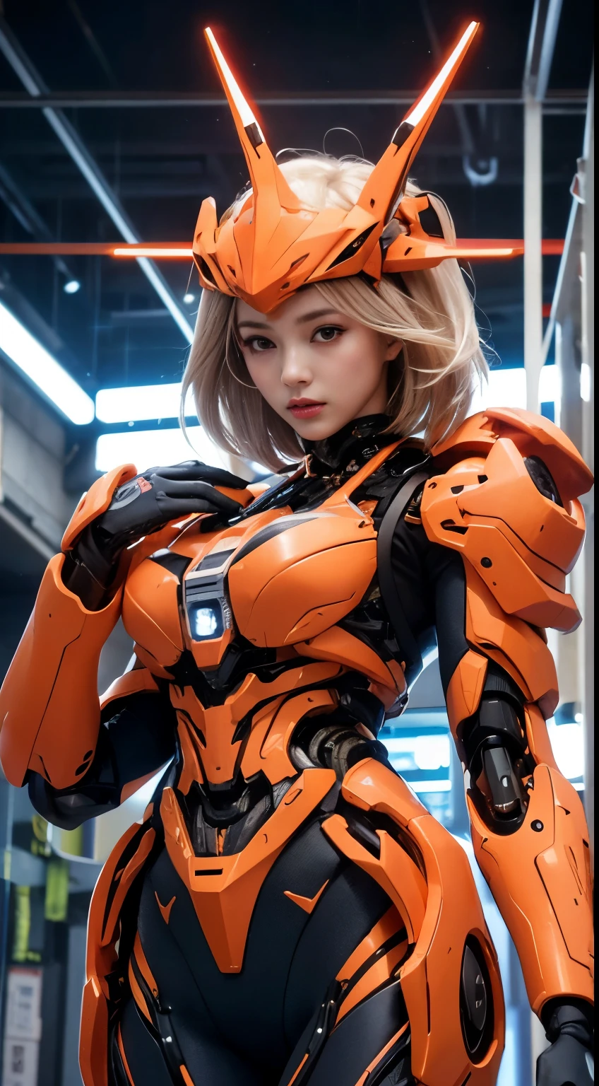 A close up of a woman in a suit with a sci - futuristic helmet - SeaArt AI