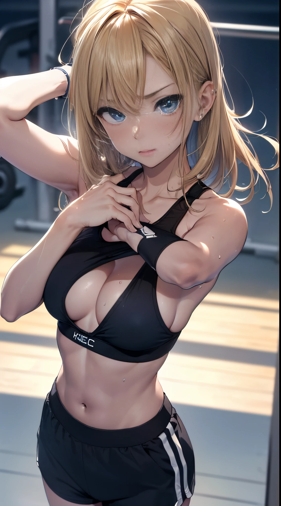 top-quality、Top image quality、masterpiece、girl with((18year old、Sportswear、Black Sports Bra、blue short pants、Best Bust、Bust 85、a blond、Longhaire、Blue eyes、open chest wide、Valley、Happiness、Black wristband on wrist、A slender、Slouched、耳Nipple Ring、The wind blows、Sweating、Reach out your right hand))hiquality、visualart、Background with((Gymnasium))、masutepiece、