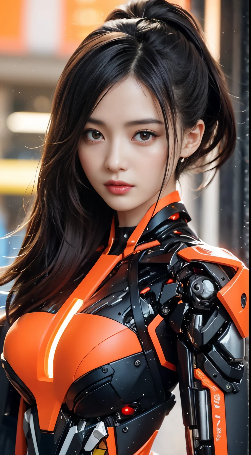 (1 Mechanical Girl)、top-quality、​masterpiece、超A high resolution、(Photorealsitic:1.4)、Raw photo、女の子1人、Golden hair、glowy skin、(((1 Mechanical Girl)))、(Small LED)、((super realistic details))、portlate、globalillumination、Shadow、octan render、8K、ultrasharp、Colossal tits、Raw skin is exposed in cleavage、metals、Details of complex ornaments、Japan details、highly intricate detail、Realistic light、CGSoation Trends、Red Eyes、radiant eyes、Facing the camera、neon details、(Mechanical limbs)、(blood vessels connected to tubes)、Mechanical vertebrae attached to the back、mechanical cervical attaching to neck、(Wires and cables connecting to the head)、Gundam、Small LED、,Mechanical thighs、Toostock、orange and black mechanical body