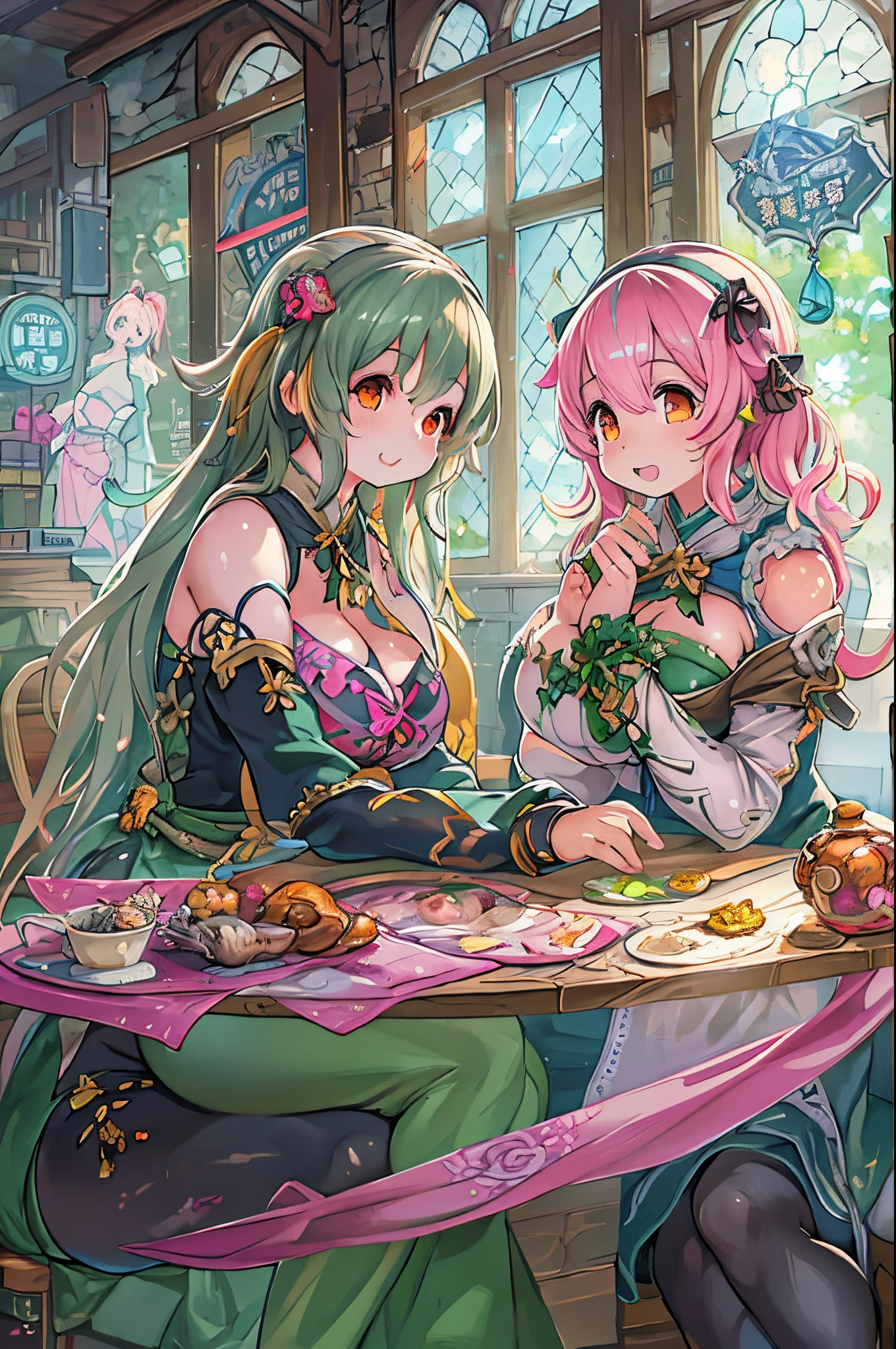 Anime image of two women in costumes sitting at a table, atelier lulua, guweiz, wlop and sakimichan, artwork in the style of guweiz, nixeu and sakimichan, visual novel cg, Shirabii, anime party of friend of wisdom, high detailed official artwork, two beautiful anime girls, shadowverse style