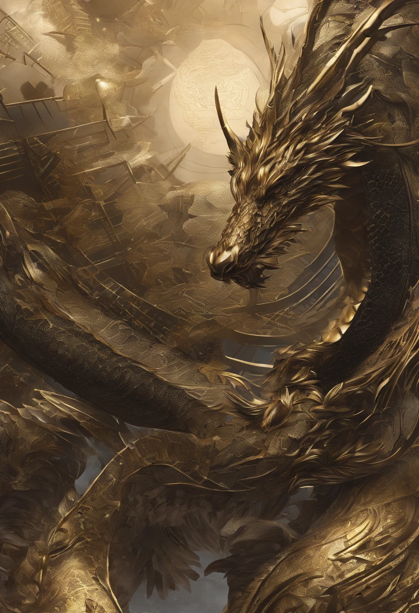 Detailed surreal photo shoot style of golden dragon god with geographical data,Mighty and domineering golden light,Color rendering with sharp contrast,ultra HD picture quality,A high resolution,The details are perfectly depicted,great artwork chinoiserie metallic luster