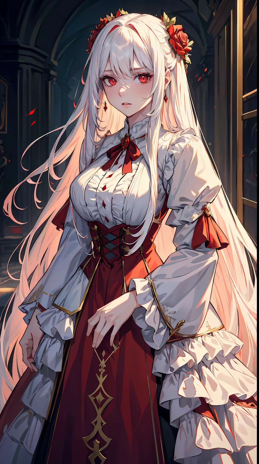handsome girl，red-eyes，red pupils，Long white hair，Hyperresolution，accuracy，Detailed rendering，（Subtle facial image）（Image of fine hair）（topquality）（Masterpieces of masters）（High degree of completeness）（A sense of atmosphere）tmasterpiece，Super detailed and super detailed（half-body portrait）dressed in a wedding dress
