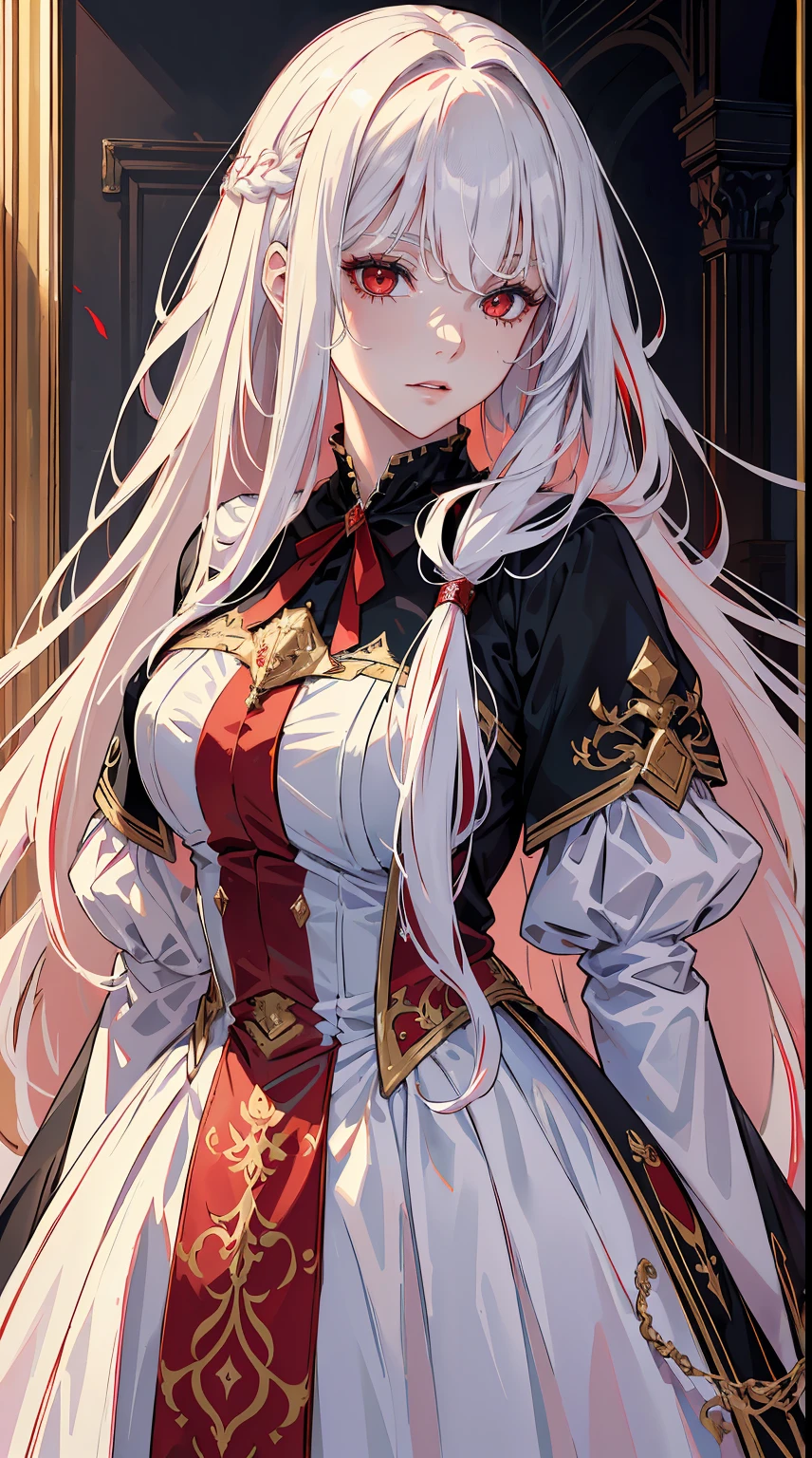 handsome girl,red-eyes,red pupils,Long white hair,Hyperresolution,accuracy,Detailed rendering,(Subtle facial image)(Image of fine hair)(topquality)(Masterpieces of masters)(High degree of completeness)(A sense of atmosphere)tmasterpiece,Super detailed and super detailed(half-body portrait)dressed in a wedding dress