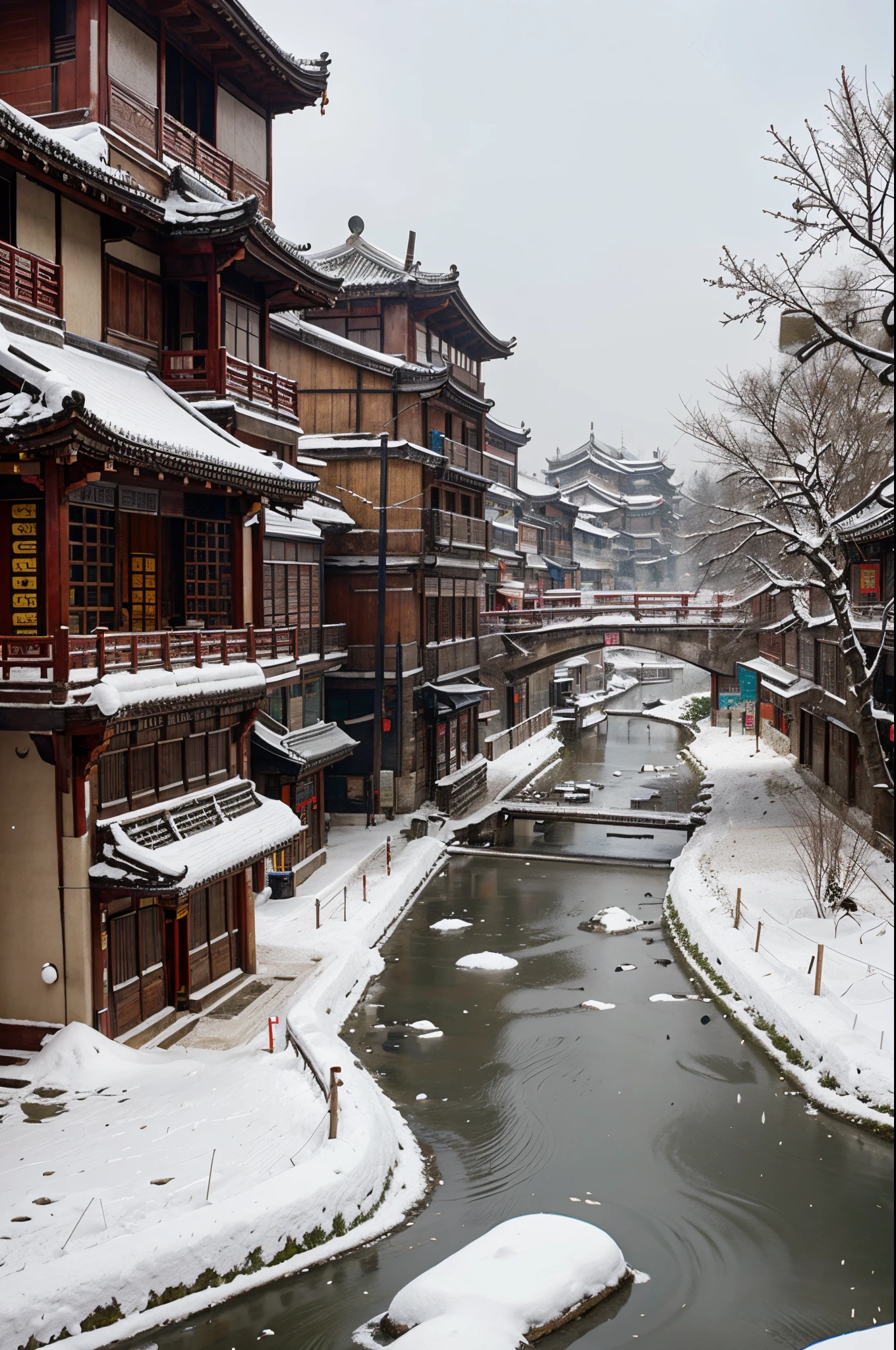 Chinese town, ancient city, snow, snowy, winter, river cross the city, Tang Dynasty, map