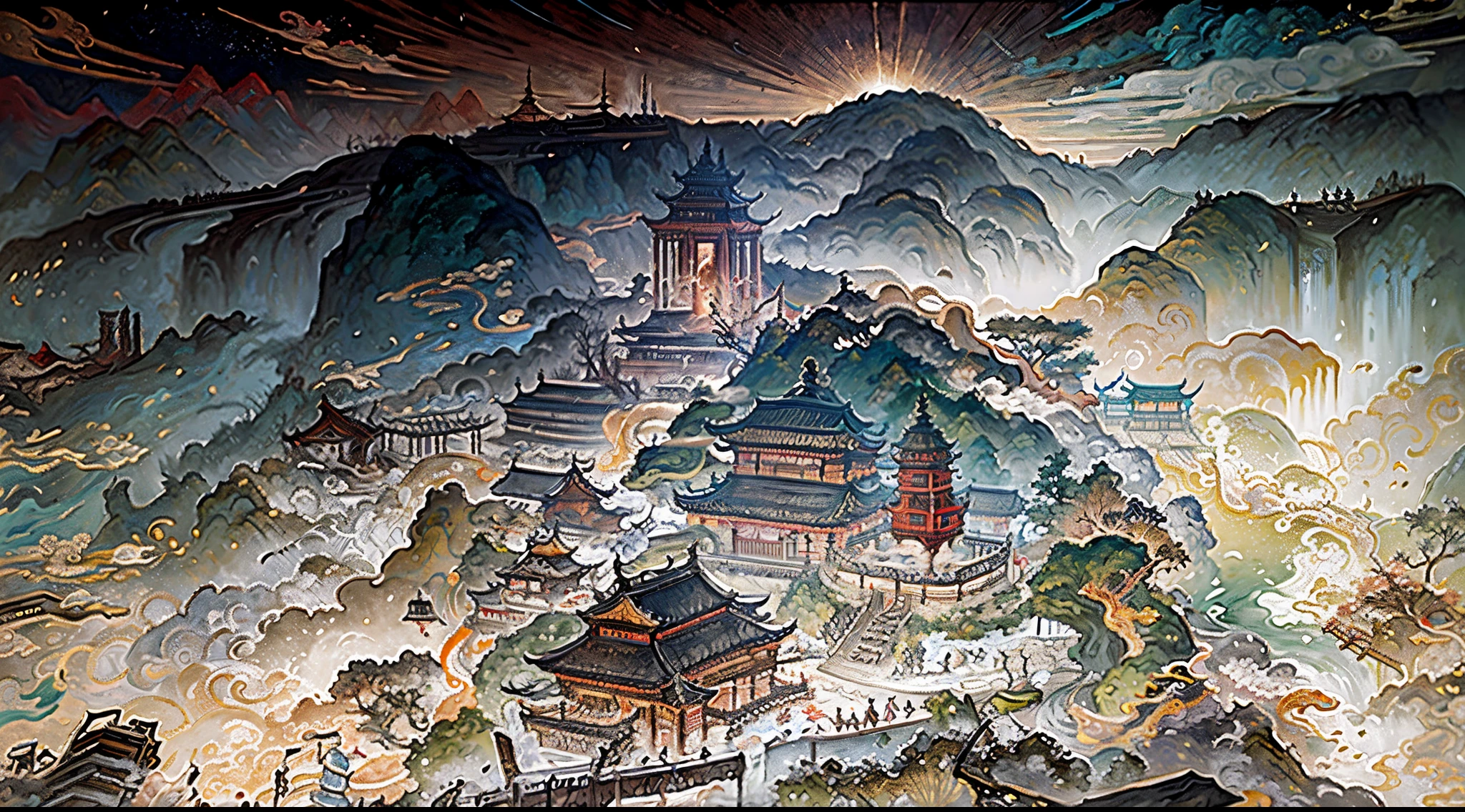 ancient chinese painting, ancient chinese background, mountains, river, auspicious clouds, pavilions, sunlight, masterpiece, super detail, epic composition, ultra hd, high quality, extremely detailed, official art, unified 8k wallpaper, super detail, 32k
