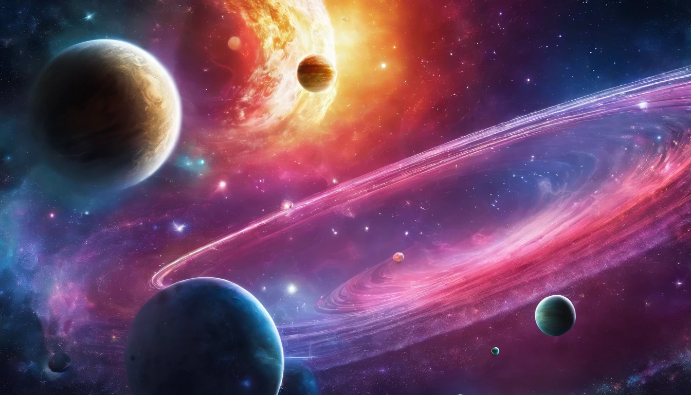 Geister auf einem exotischen Planeten, Bright rainbows and planets with rings in the sky