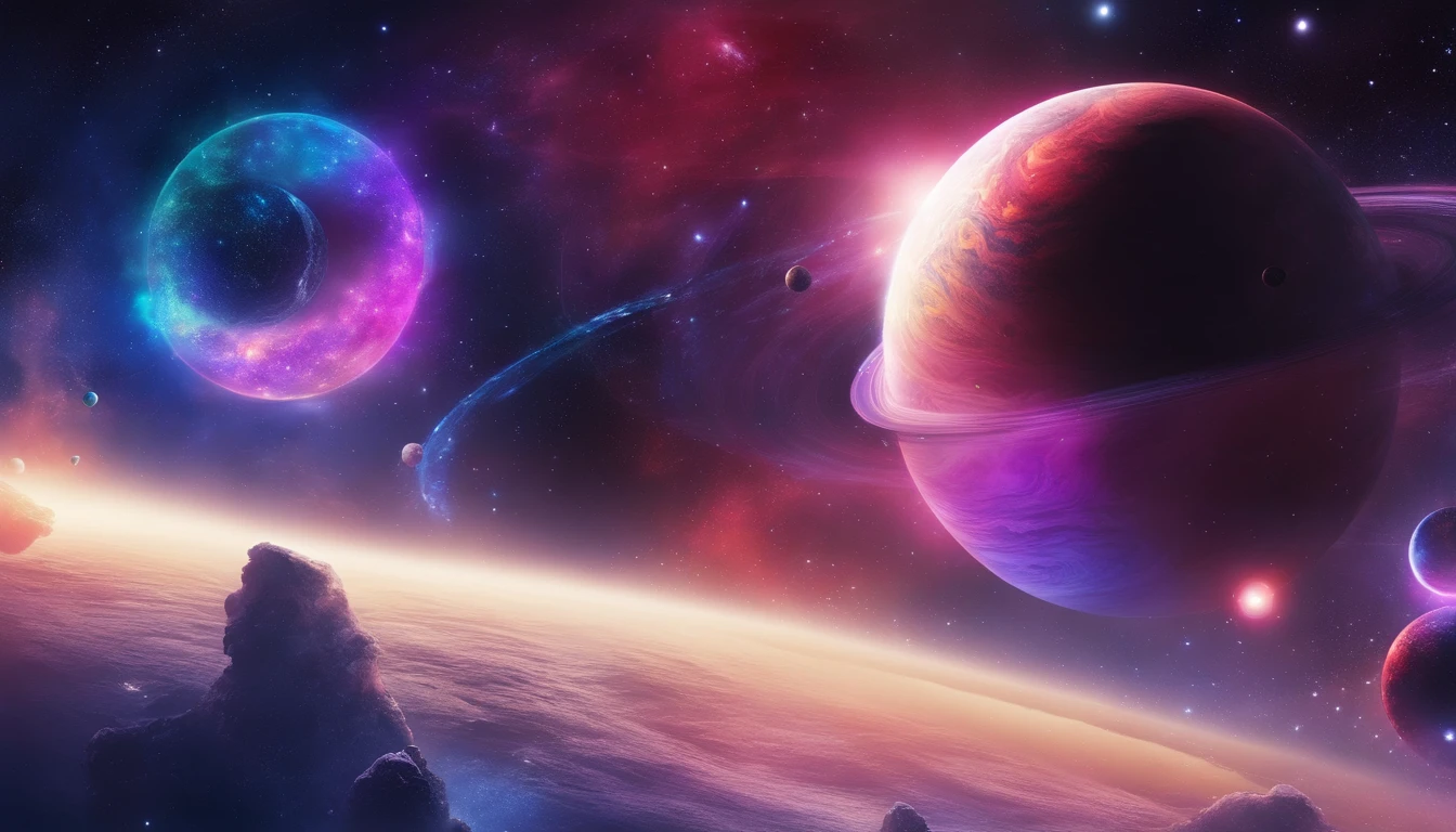 Geister auf einem exotischen Planeten, Bright rainbows and planets with rings in the sky