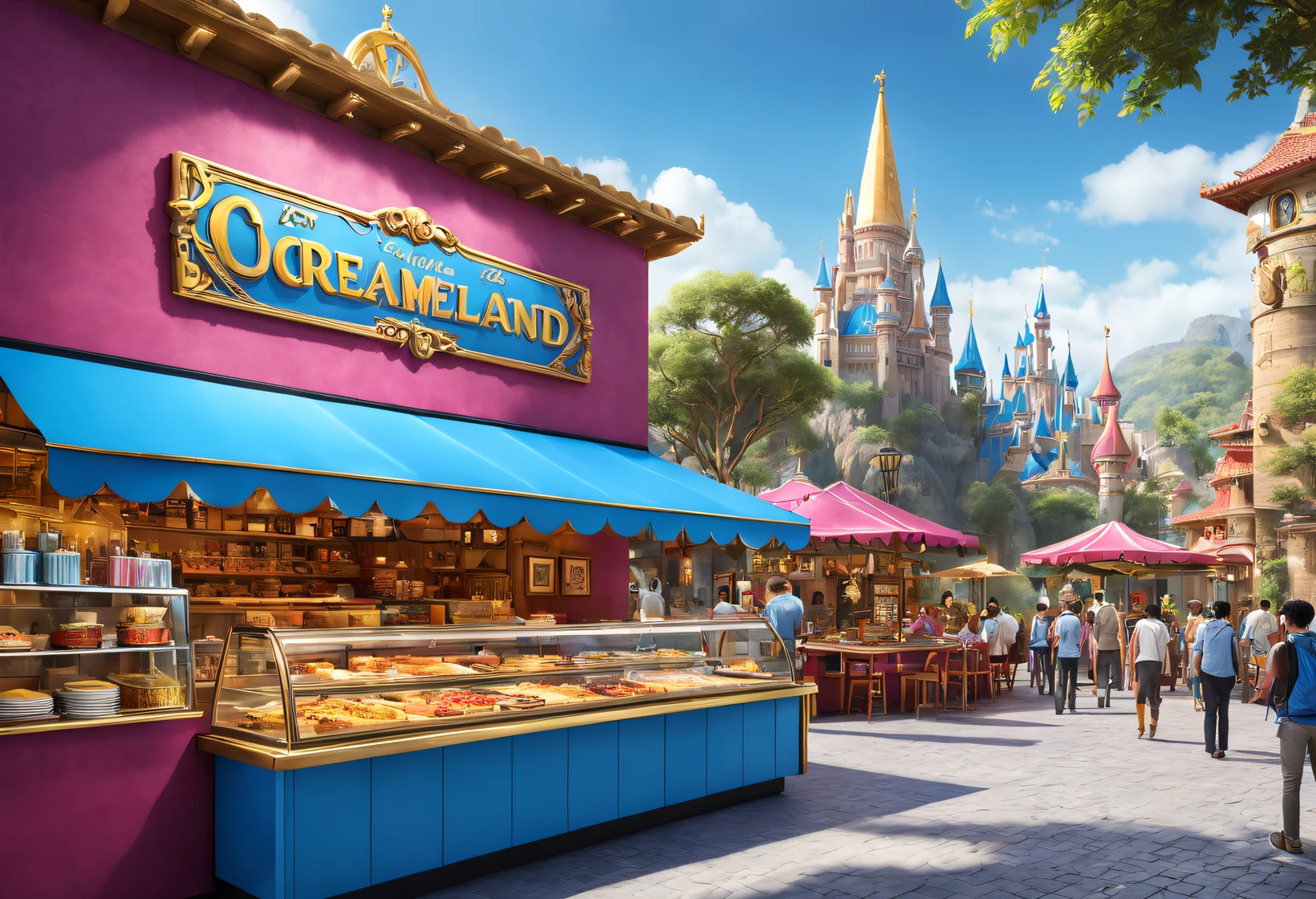 (Merchandise shops and food kiosks at Cloisonné Theme Park),visitor,Tapas,dreamland dreamland,ultra-realistic realism,Asymmetrical balance ,( magenta )Carmine+( blue white colors )Blue-cyan+( tin foil gold )golden colored,pixar character