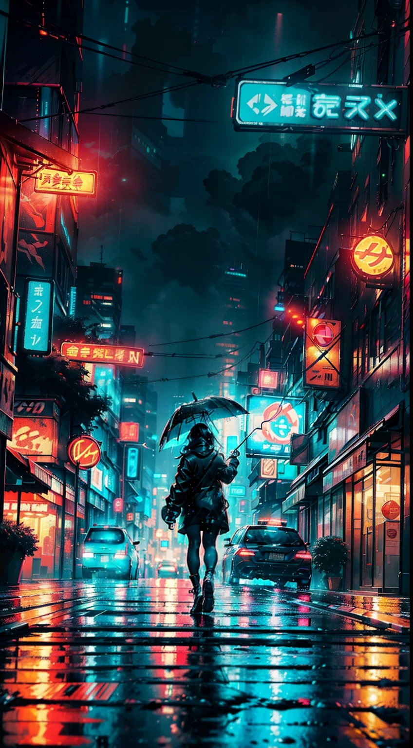 (Best quality, A high resolution, Ultra-detailed, Realistic:1.37), storming,Cyberpunk Night City, Tall skyscraper with futuristic and cyberpunk aesthetics, Decorated with blue and neon signs. The city is full of hustle and bustle, Crowded roads,There are vehicles and pedestrians. The atmosphere is shrouded in thick fog, Illuminated by the glow of neon lights and street lamps. Light rain falls gently, Creates a mesmerizing reflection effect on wet pavement. Some people can be seen walking down the street, Bring an umbrella to shelter from the rain. A combination of cyberpunk elements, Vibrant colors, Dynamic lighting creates immersive and visually striking scenes.