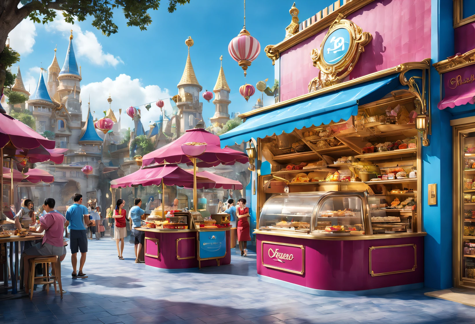 (Merchandise shops and food kiosks at Cloisonné Theme Park），visitor，Tapas，dreamland dreamland，ultra-realistic realism，Asymmetrical balance ，( magenta ）Carmine＋( blue white colors ）Blue-cyan＋( tin foil gold ）golden colored，pixar character