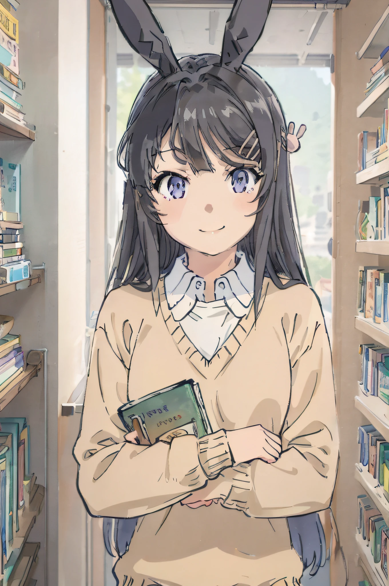 high-school uniform、Brown sweater、fold hand with、Having a book