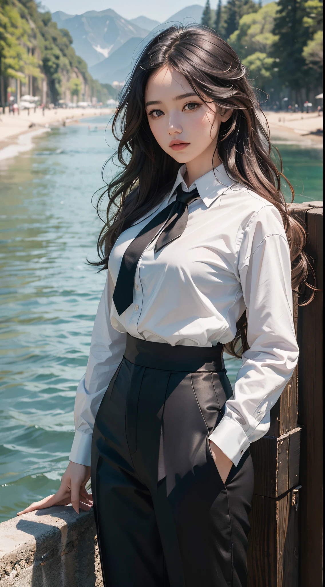 Best masterpiece, Ultra hd, professional photographer, natural lighting, realistic, raw photos, 1 girl, solo focus, wavy ombre hair, fitted white shirt, black tie, high waist black pants, contemplating, looking at scenery, riverside background, cowboy shot