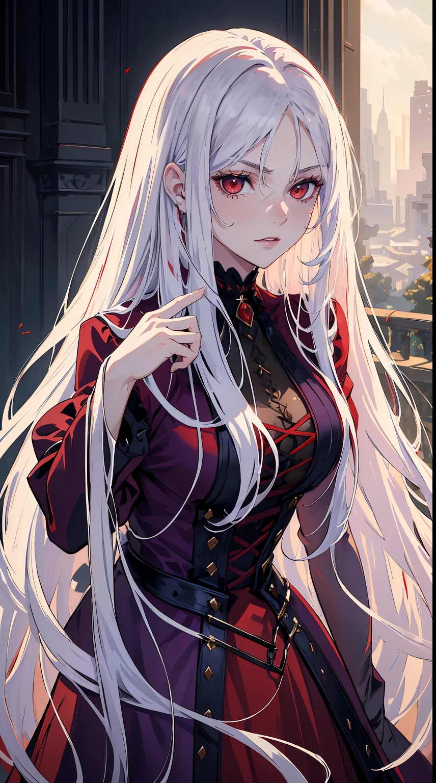 handsome girl，red-eyes，red pupils，Long white hair，Hyperresolution，accuracy，Detailed rendering，（Subtle facial image）（Image of fine hair）（topquality）（Masterpieces of masters）（High degree of completeness）（A sense of atmosphere）tmasterpiece，Super detailed and super detailed（half-body portrait）wearing a purple velvet dress