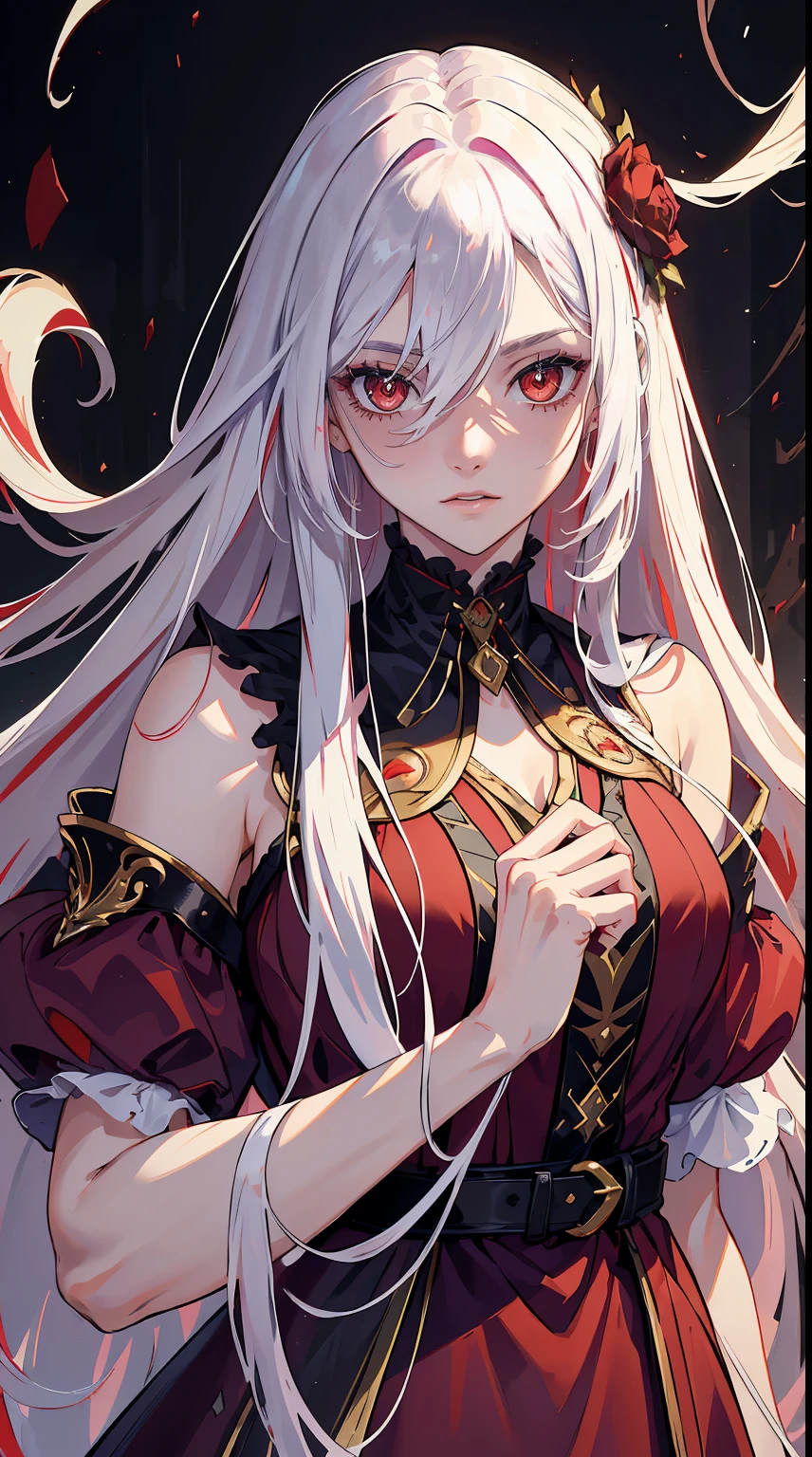handsome girl,red-eyes,red pupils,Long white hair,Hyperresolution,accuracy,Detailed rendering,(Subtle facial image)(Image of fine hair)(topquality)(Masterpieces of masters)(High degree of completeness)(A sense of atmosphere)tmasterpiece,Super detailed and super detailed(half-body portrait)wearing a purple velvet dress