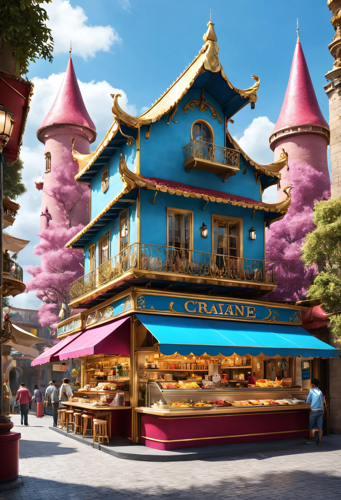 (Merchandise shops and food kiosks at Cloisonné Theme Park），visitor，Tapas，dreamland dreamland，ultra-realistic realism，Asymmetrical balance ，( magenta ）Carmine＋( blue white colors ）Blue-cyan＋( tin foil gold ）golden colored，pixar character