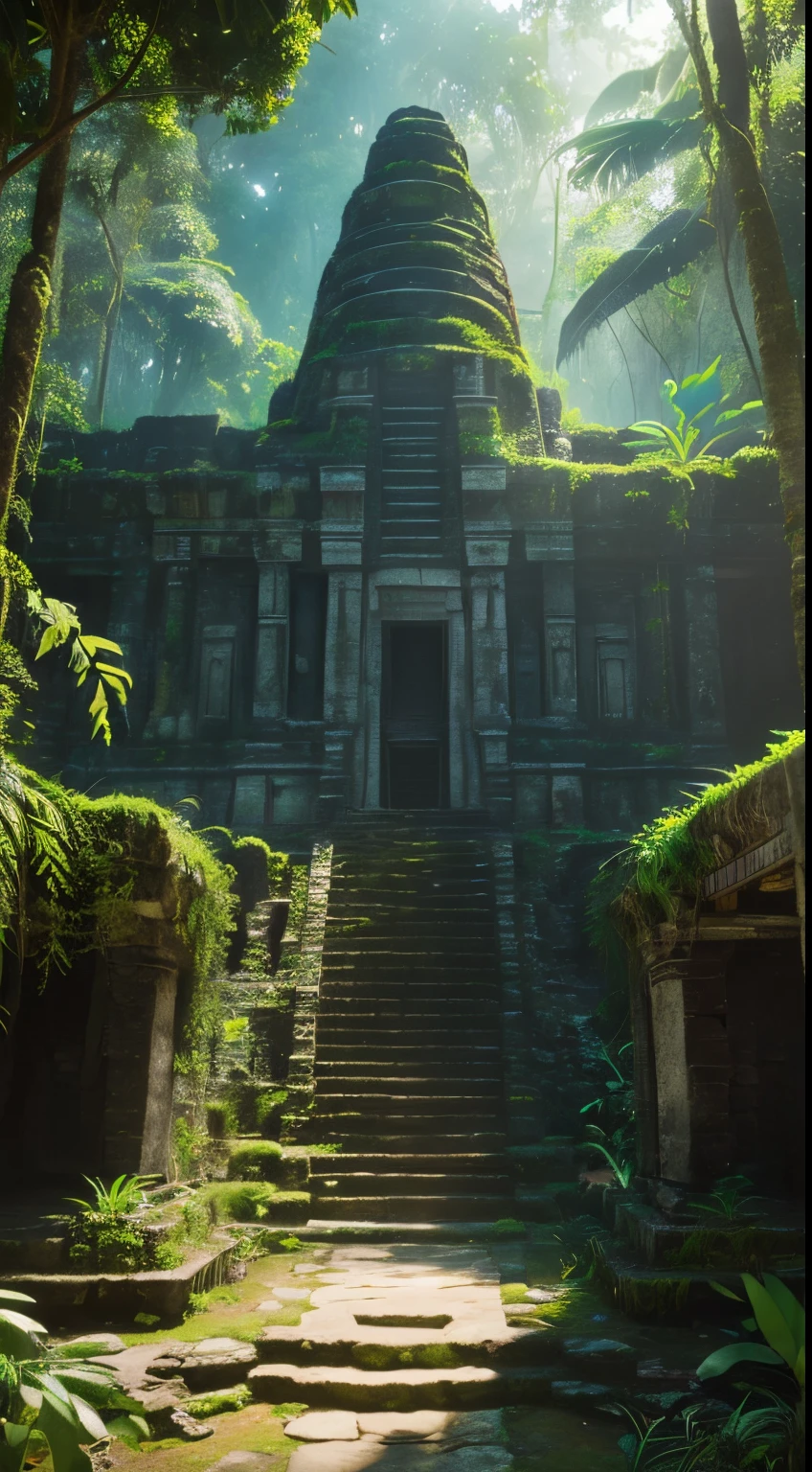 (best quality,8k,highres:1.2),ultra-detailed,(realistic,photorealistic,photo-realistic:1.37),fantasy,Mayan temple in the jungle,beautiful detailed temple, lush green foliage, ancient stone carvings, mystical atmosphere, vibrant colors, soft natural lighting, misty ambiance, magical fantasy world