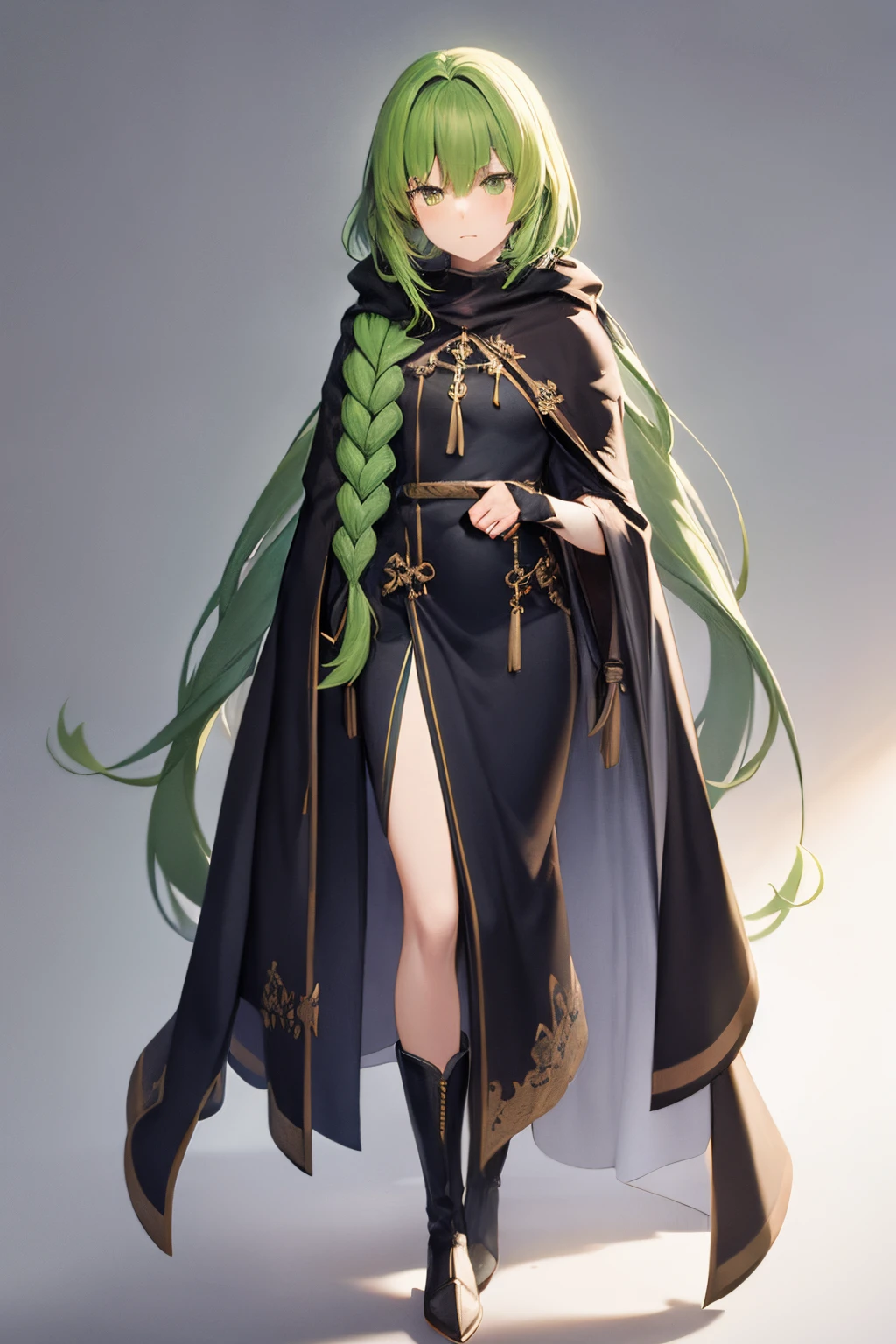 animesque、male people、green colored hair、The long-haired、Braids、neuter、Fantasia、cloaks、long court、boot、Image colorgreen、Soft atmosphere
