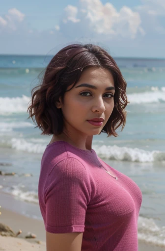 beautiful gorgeous glorious skinny bollywood actress, standing at beach, wearing pink knitted bodycon dress, pretty face, beautiful glorious face, very fine face details, bright eyes, purple lipstick, thin nose, burgundy hair, bob cut, curls, medium alluring natural breasts, round, not sagging, hourglass figure, perfect body, 4K details, ultra high resolution, skin fine details, full body photoshoot