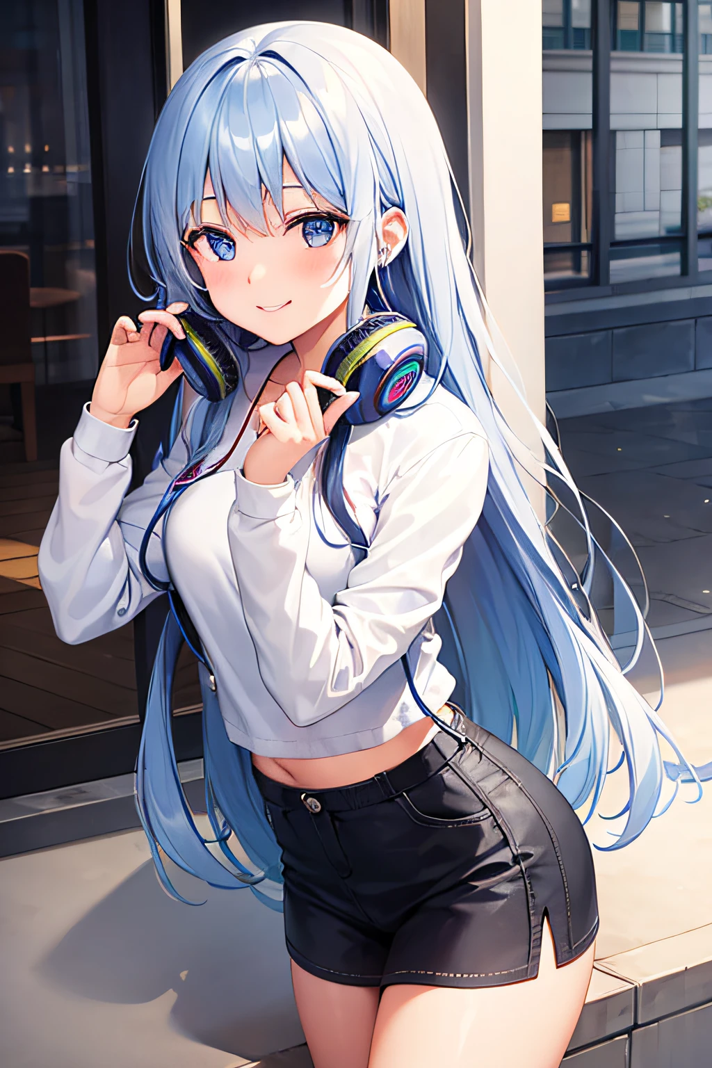 girl smiles while removing her headphones