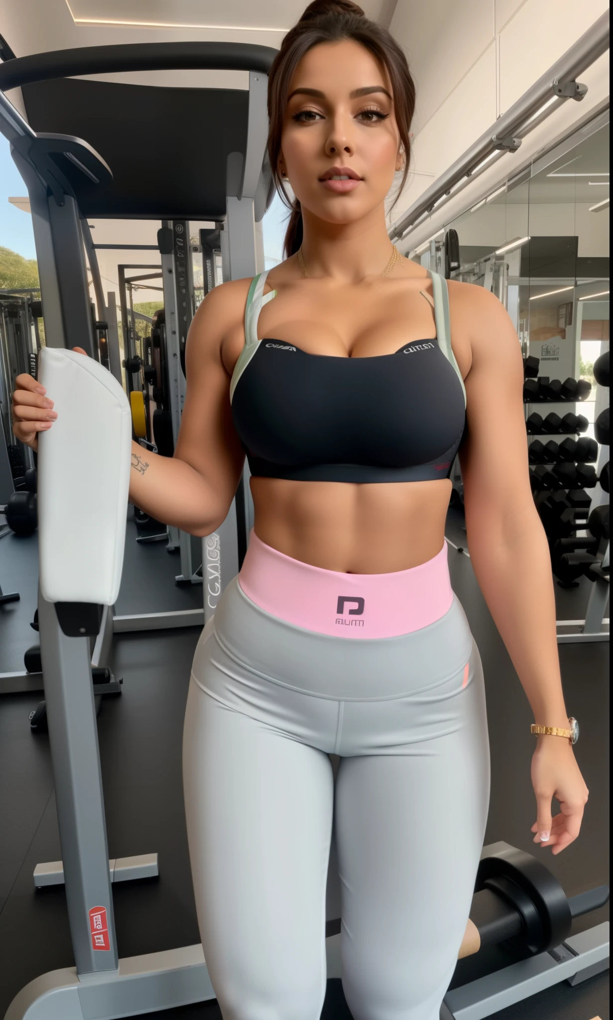 mulher arafada com blusa preta e legging cinza segurando um recipiente branco, em uma academia, menina em forma, Camisa de corte e abdominais fortes, thicc, cintura magra e quadris grossos, com abdominais, sport bra and shorts, modelo fitness, two piece workout clothes, malhar, foto fit, fit curvy physique, corpo forte, corpo perfeito e proporcional, corpo tonificado