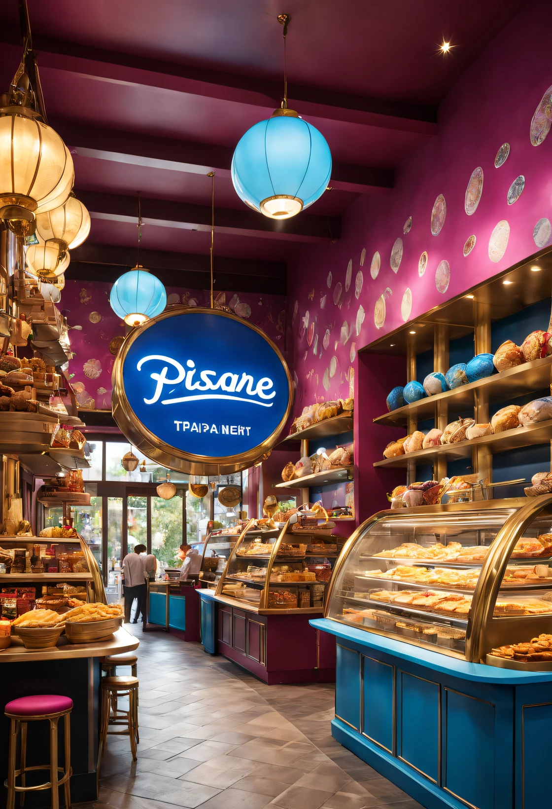 (Merchandise shops and food kiosks at Cloisonné Theme Park),visitor,Tapas,dreamland dreamland,ultra-realistic realism,Asymmetrical balance ,( magenta )Carmine+( blue white colors )Blue-cyan+( tin foil gold )golden colored,pixar character