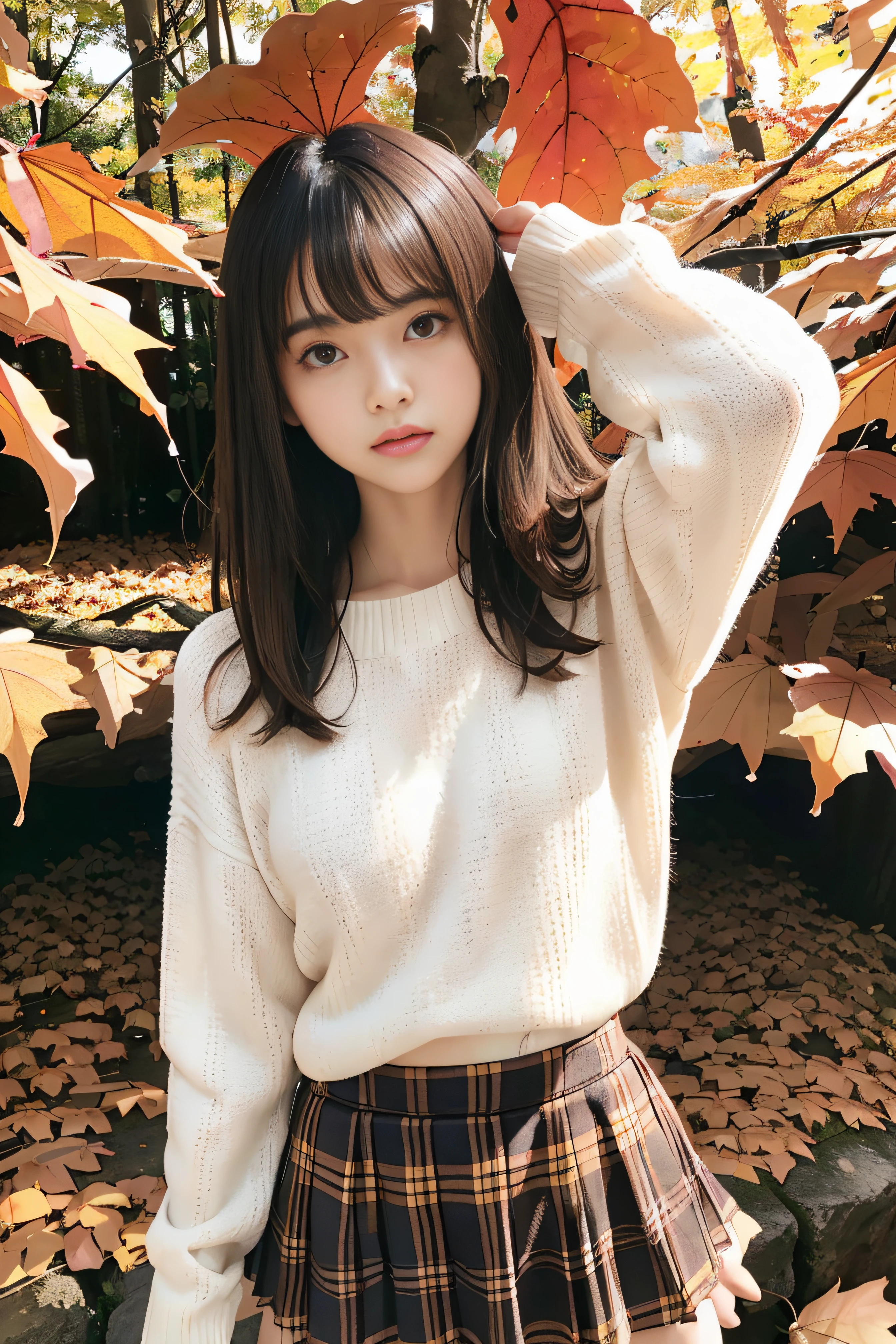 1womanl, up of face, Colossal tits,light brown hair, Blunt bangs, hair behind ear, hair over shoulder, Long hair, slender body shape, Ultra Fine Face, Thin face, Delicate lips, Beautiful eyes, thin blush, eyes are light brown, perfect glossy skin, flawless skin, Glistening sweat,View here, Ultra-thin hands, Ultra-fine fingers:realisitic:1.3), (Forest of autumn leaves:1.4), One-person viewpoint, Fuji Film, 8K, masutepiece, nffsw, Super Detail, High quality, Best Quality, hight resolution, ((Don't show your fingertips))、the golden hour　Beautiful light,  (Black Long Sleeve Sweater)、((Plaid mini skirt)) (Medium size:1.4) (((Positive image:1.3)))
