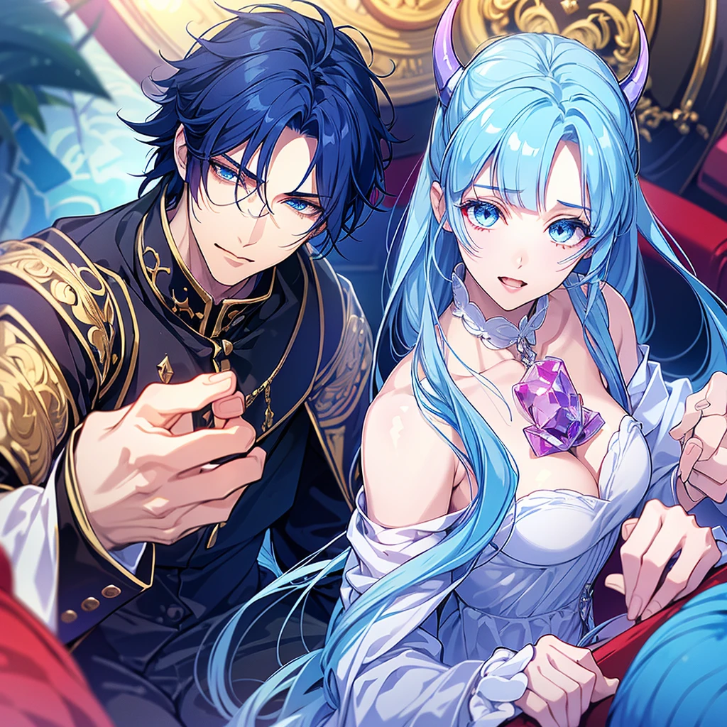 demon king and demon queen couple.demon queen has,long blue hair,blue eyes,blue horns,demon outfit,demon king and queen palace,absurdres,ultrasharp,8k,high res,masterpiece.demon king has,long blue black messy hair,blue eyes,blue horns,demon outfit,demon king and queen palace,absurdres,ultrasharp,8k,high res,masterpiece.boy and girl couple.first photo they laugh.second photo they are in relationship.third photo they smile.fourth photo they are in marriage