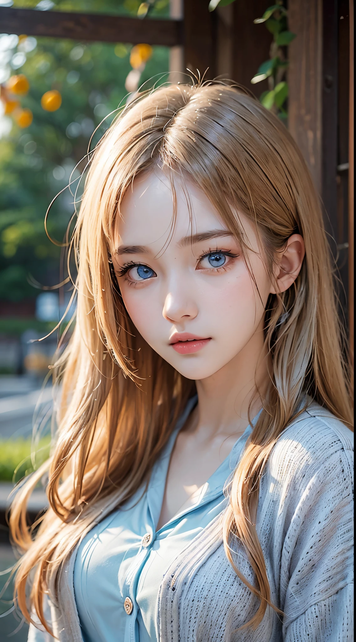 About 20 years old、Japan women、Beautiful woman、Blonde straight long hair、Beautiful hair、A detailed face、Detailed eyes、A detailed face、Detailed skin、realskin、((pajamas、Canadian pattern long cardigan))、autumn hospital、Hospital garden、Large ginkgo tree、((Light blue eyes))、slenderbody、