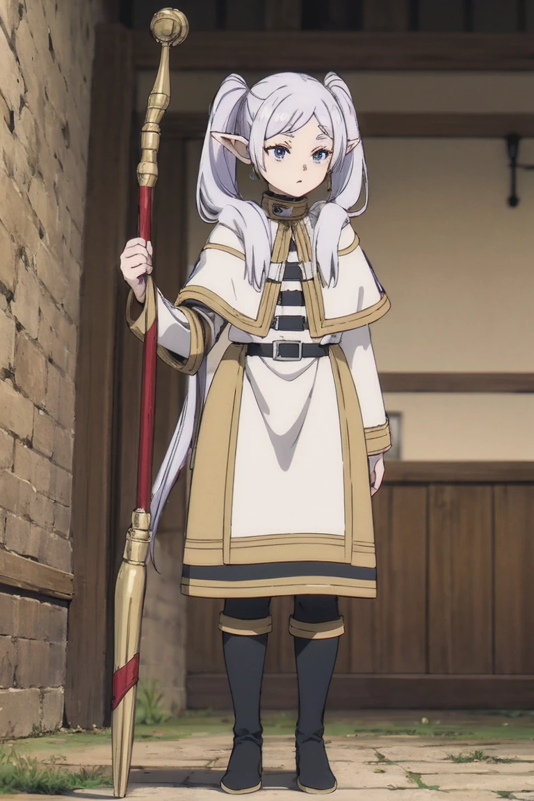 frieren, holding staff, medium breasts, tall female, sousou no frieren, elf, silver hair, standing, tunic, serious, white cloths, white scarf, full body, white tunic, twintails,