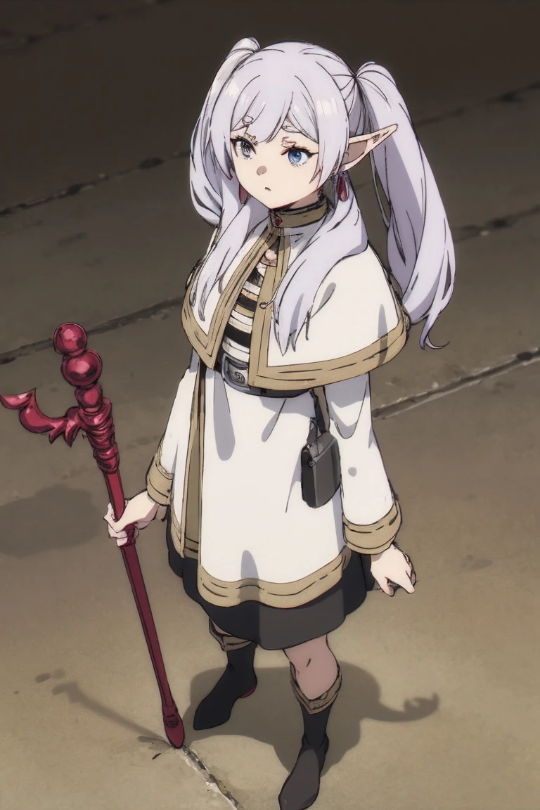 frieren, holding staff, medium breasts, tall female, sousou no frieren, elf, silver hair, standing, tunic, serious, white cloths, white scarf, full body, white tunic, twintails,