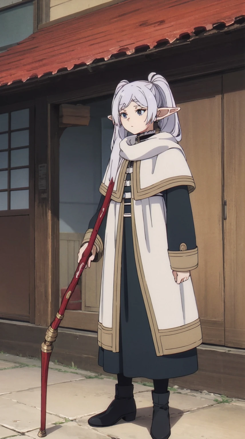 frieren, holding staff, medium breasts, tall female, sousou no frieren, elf, silver hair, standing, tunic, serious, white cloths, white scarf, full body, white tunic, twintails,