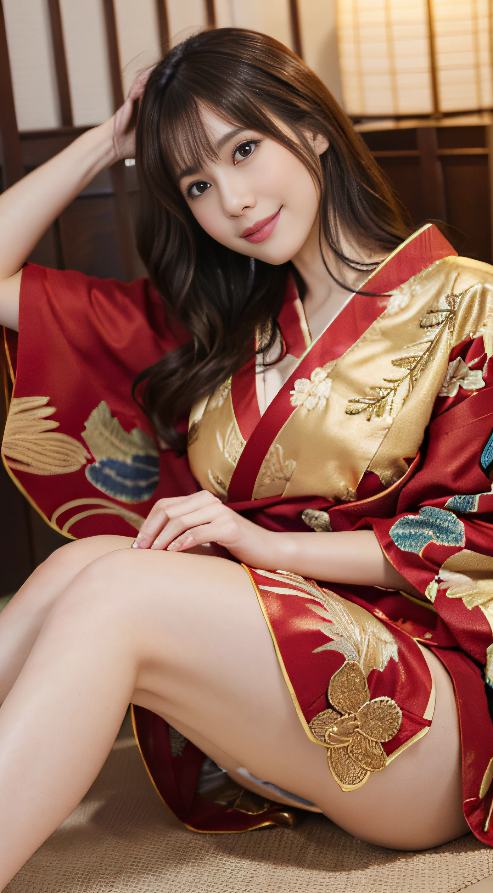 top-quality、Top image quality、​masterpiece、fully body photo、25 years old women, governess、Dark brown wavy middle hair、bangss、((Red kimono、golden embroidery))、 ((no-bra、Puffy nipple、))、soft boob、breasts of medium size,、Kamimei、 Shy laughter、luxury hotel room、Lying on the floor、Show your ass、((Grasp your breasts with both hands over your clothes、Touching the crotch、open one's legs、Open both knees))