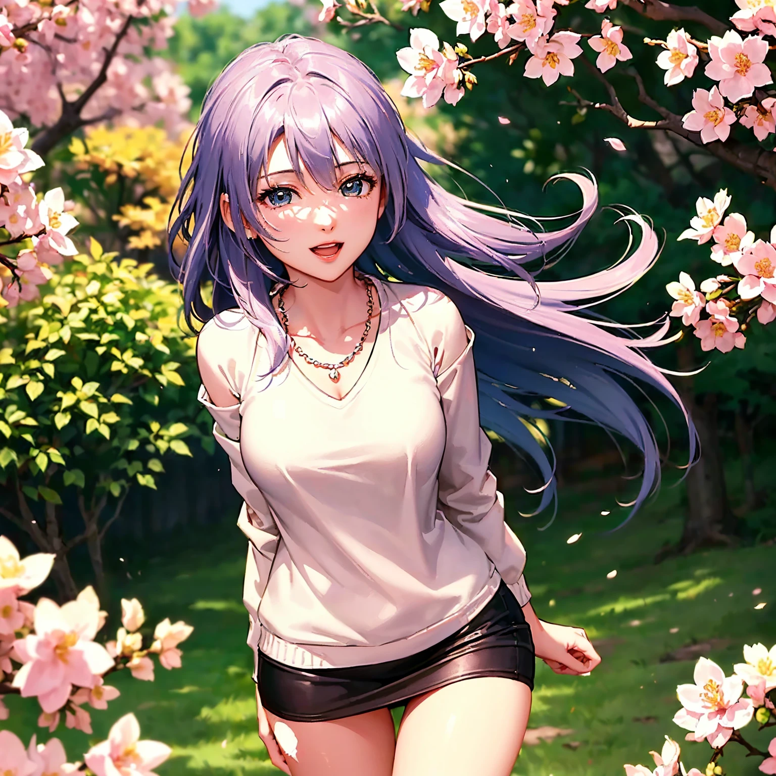 (top quality picture、masterpiece level、very high res、An ultra-high picture quality、High quality pixels)、(1girl in,She is a very beautiful woman、and she is 20 years old、1 person、Single、Beautiful beauties,Beautiful face written in detail,Beautiful body,Strong-willed eyes,beautidful eyes,Beautiful hair,Beautiful skin texture,Beautiful hair quality)、(Slender body and beautiful breasts)、(Lovely smile,Open mouth)、(Wearing a long-sleeved sweater,1 diamond necklace,wearing miniskirt,Wearing clothes that expose the shoulders,Beautiful legs are visible,adult lady),(A path lined with flourishing cherry blossom trees,The wind is blowing,Styling hair by hand,wind influenced hair),(Beautiful Art Style,an animated character、The whole picture、Detailed picture、accurate anatomy、Defect-free images、extremely detailed picture、Accurate images、image perfect)、(Best Shot Photo 1.2)