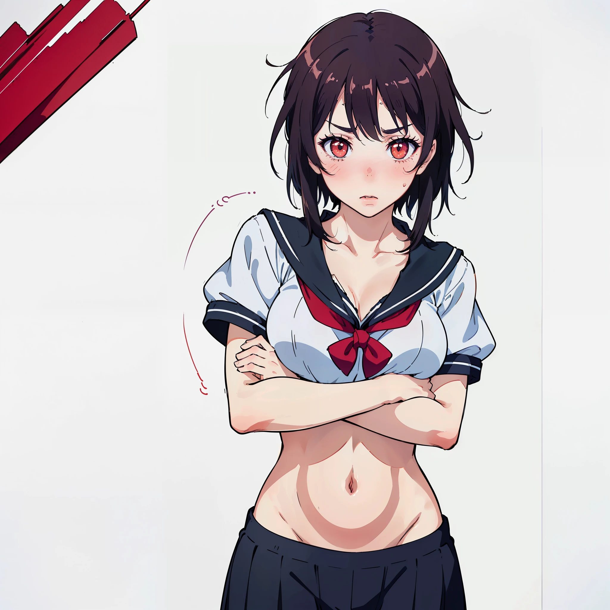 ((((completely white background)))),(((1 girl))),(((8K,2 thousand.))),(tmasterpiece), (((beste-Qualit))), (Ultra-detailed), (((highly detailed CG illustration))),a 1girl,( ConceptArt) , , (tmasterpiece:1.2), (beste-Qualit:1),,, (((The cheeks are very rosy with bright red lines))), ((hides large breasts)) , (Random emotions),((((The eyes are drawn in the style of manga)))),((Average Breasts,))), ((Manga-style eyes)) , (Detailed crotch) ((((confusion)))), (((The illusion of a comic book))), (((shot in motion))) , (looking aside),((covers his chest with his fists)), ((very sad eyebrows)), ( (a lot of red blush on the cheeks), ((Random Pose)), The mouth is not very open, (((Additional interaction))), ((School clothes))