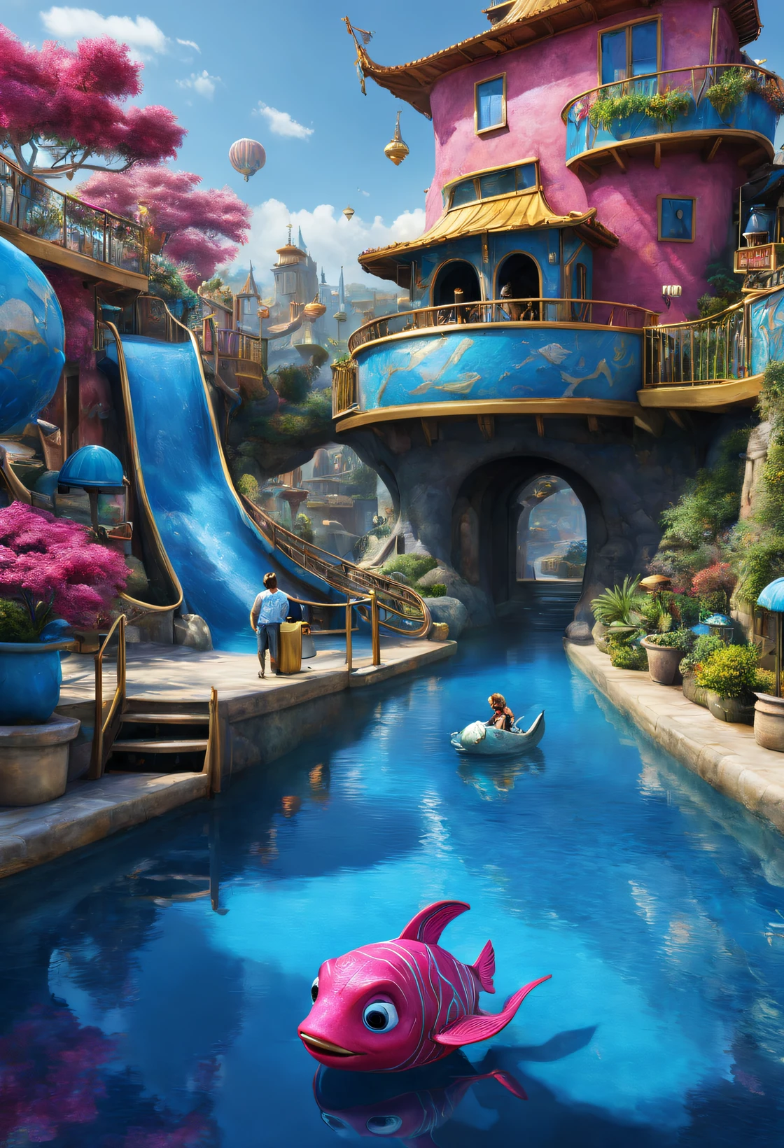 (Cloisonne Theme Park Water World），visitor，Tapas，dreamland dreamland，ultra-realistic realism，Asymmetrical balance ，( magenta ）Carmine＋( blue white colors ）Blue-cyan＋( tin foil gold ）golden colored，pixar character