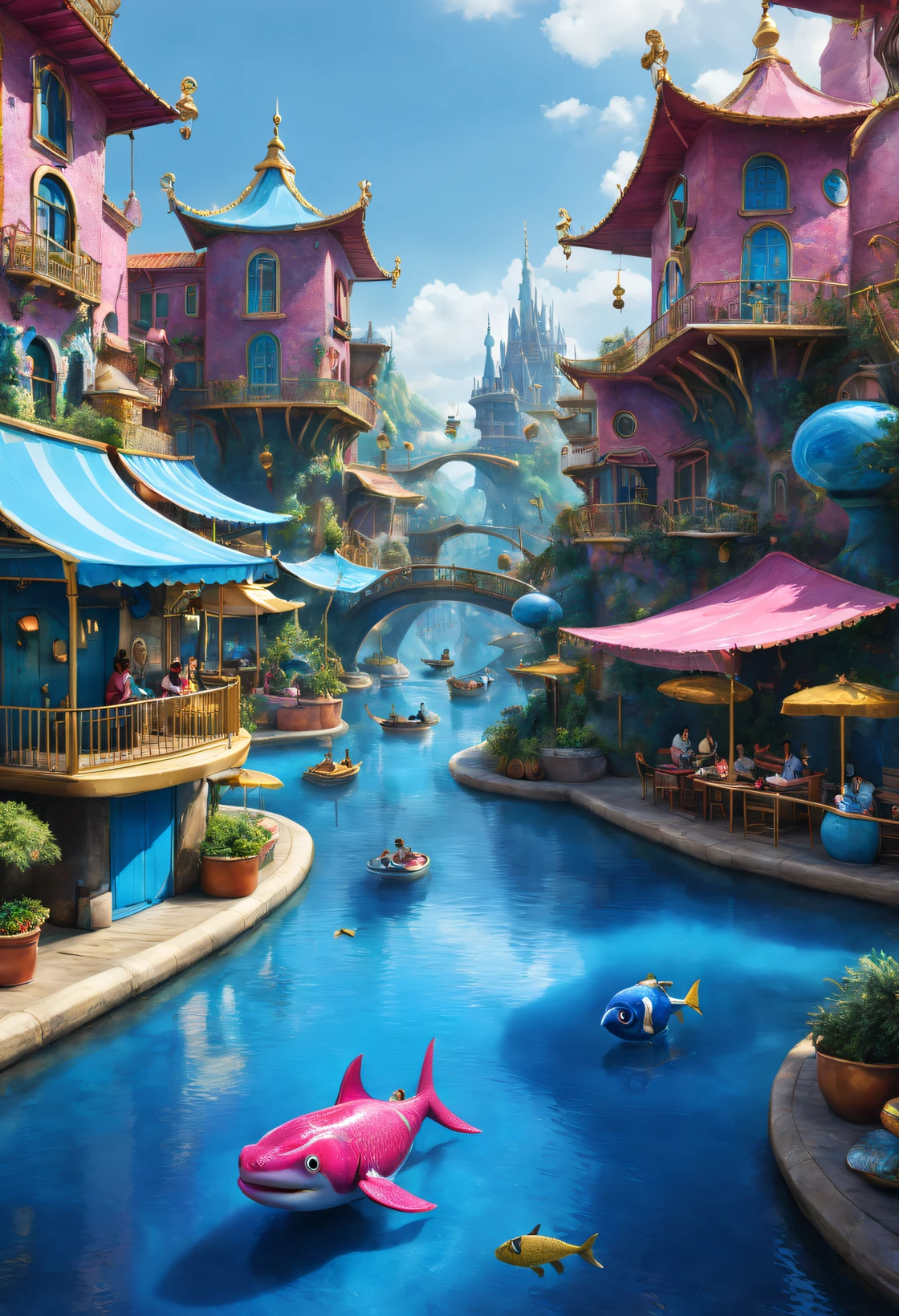 (Cloisonne Theme Park Water World），visitor，Tapas，dreamland dreamland，ultra-realistic realism，Asymmetrical balance ，( magenta ）Carmine＋( blue white colors ）Blue-cyan＋( tin foil gold ）golden colored，pixar character